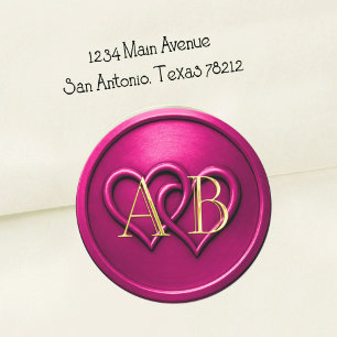 Fuchsia Zwei Herzen Verflochtenes Monogramm Hochze Runder Aufkleber