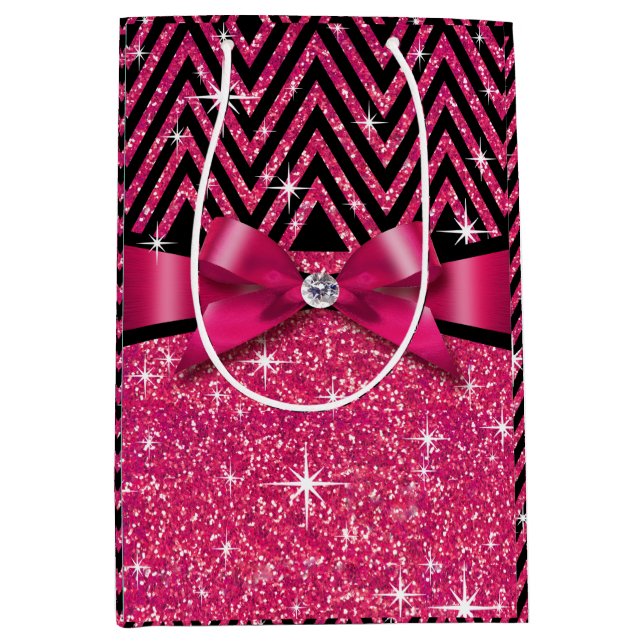 Fuchsie des Glitzer Zickzack Bling Diamant-Bogens Mittlere Geschenktüte (Vorderseite)