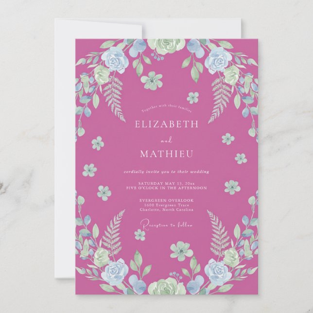 Fuchsien-Hochzeit mit Farnblättern Einladung (Vorderseite)