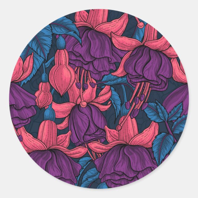 Fuchsien in blau und lila runder aufkleber (Vorderseite)