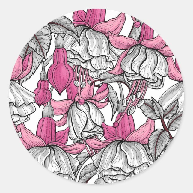 Fuchsien in weiß und rosa runder aufkleber (Vorderseite)