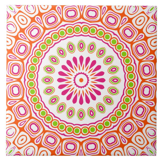 Fuchsien-orange und grün lebendiges Mandala-Muster Fliese (Vorderseite)