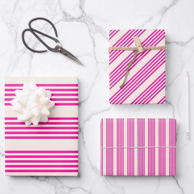 Fuchsien und Beige mit fünf Streifen Geschenkpapier Set (Vorderseite)