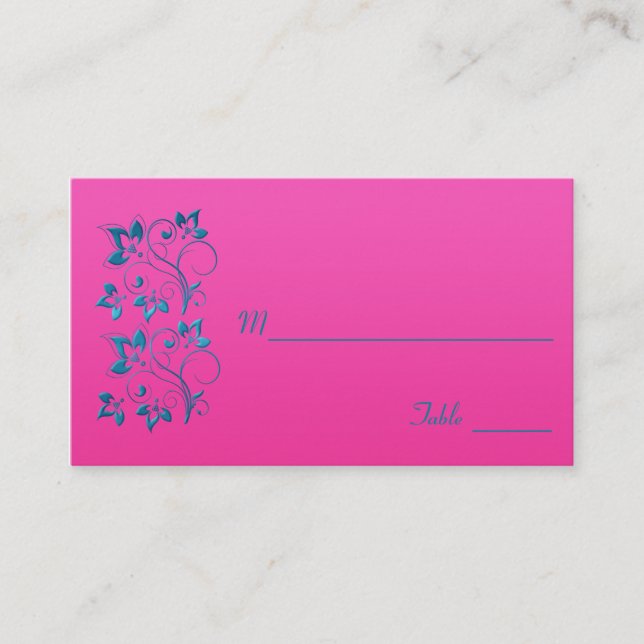 Fuchsien und die türkisfarbene Floral Platzkarte (Vorderseite)