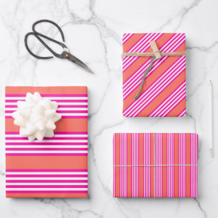Fuchsien und lebende Korallen fünf Streifen Muster Geschenkpapier Set