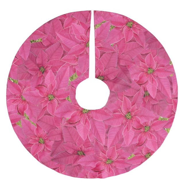 Fuchsienfarbene Poinsettien, Blumenmuster Polyester Weihnachtsbaumdecke (Vorderseite)