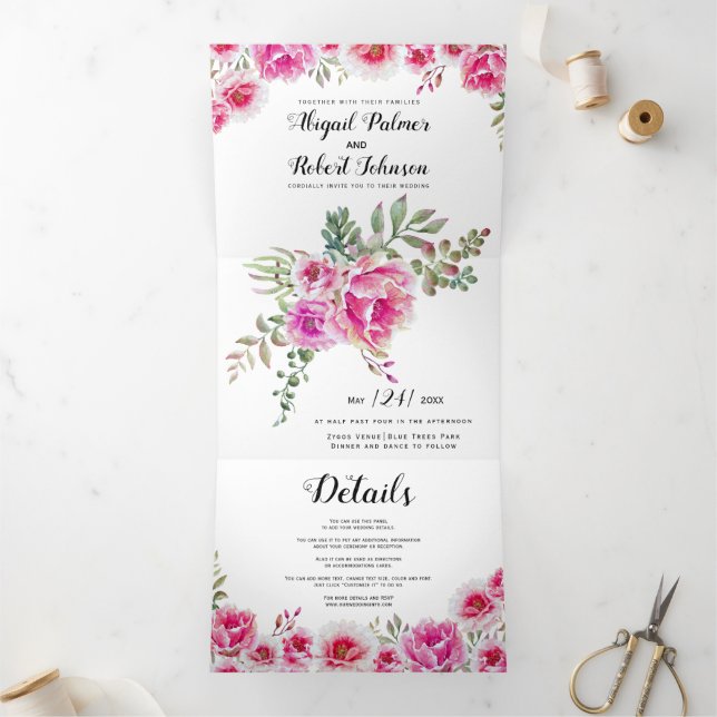 Fuchsienrosa Blume Hochzeit Dreifach Gefaltete Einladung (Innenseite)