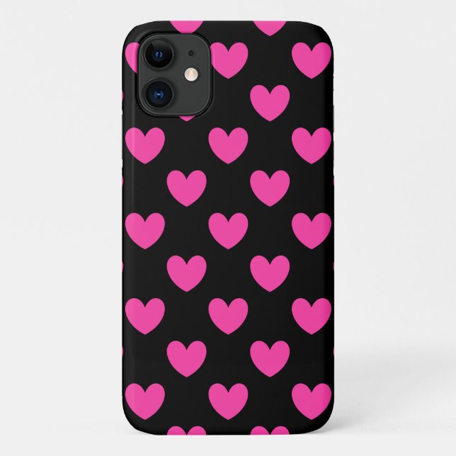 Fuchsienrosa Polka-Herzen auf schwarz Case-Mate iPhone Hülle (Rückseite)