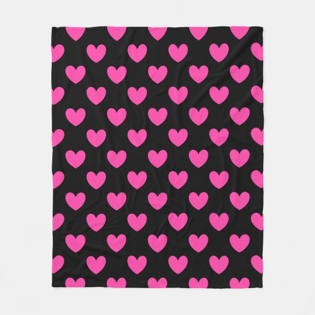 Fuchsienrosa Polka-Herzen auf schwarz Fleecedecke (Vorderseite)