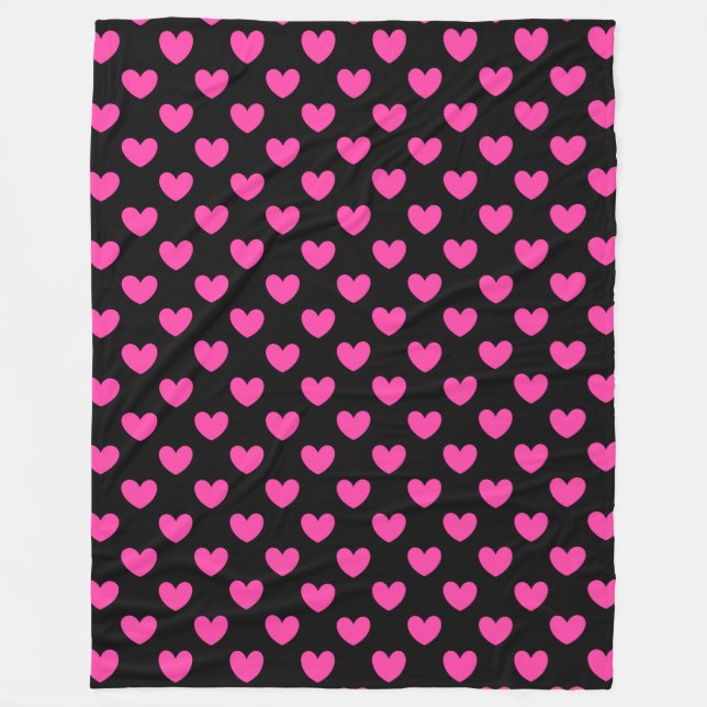 Fuchsienrosa Polka-Herzen auf schwarz Fleecedecke (Vorderseite)