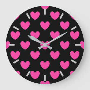 Fuchsienrosa Polka-Herzen auf schwarz Große Wanduhr