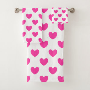 Fuchsienrosa Polka-Herzen auf weiß Badhandtuch Set