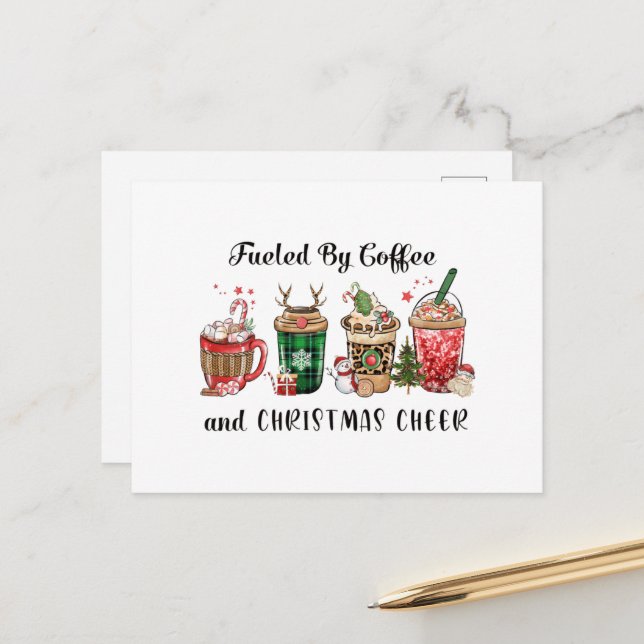 Fueled by Coffee and Christmas Cheer Postkarte (Vorderseite/Rückseite Beispiel)