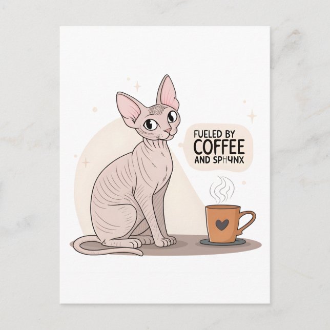 Fueled by Coffee and Sphynx Cat Illustration Postkarte (Vorderseite)