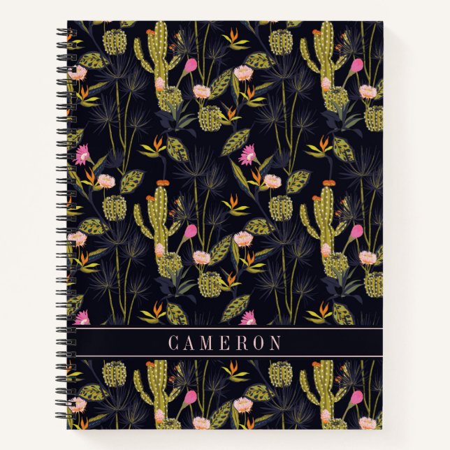 Füge Deinen Namen hinzu | Dark Summer Night Cactus Notizbuch (Vorderseite)