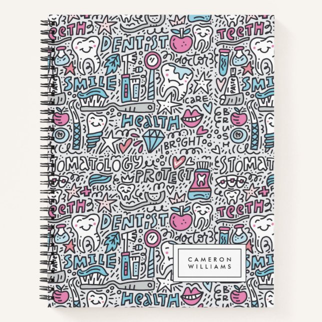 Füge Deinen Namen hinzu | Dental Cartoon Pattern Notizbuch (Vorderseite)