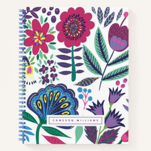 Füge Deinen Namen hinzu Magenta Folk Art Floral Notizbuch