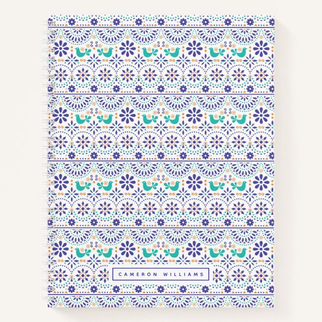 Füge Deinen Namen hinzu | Mexican Bird Tile Folk A Notizbuch (Vorderseite)