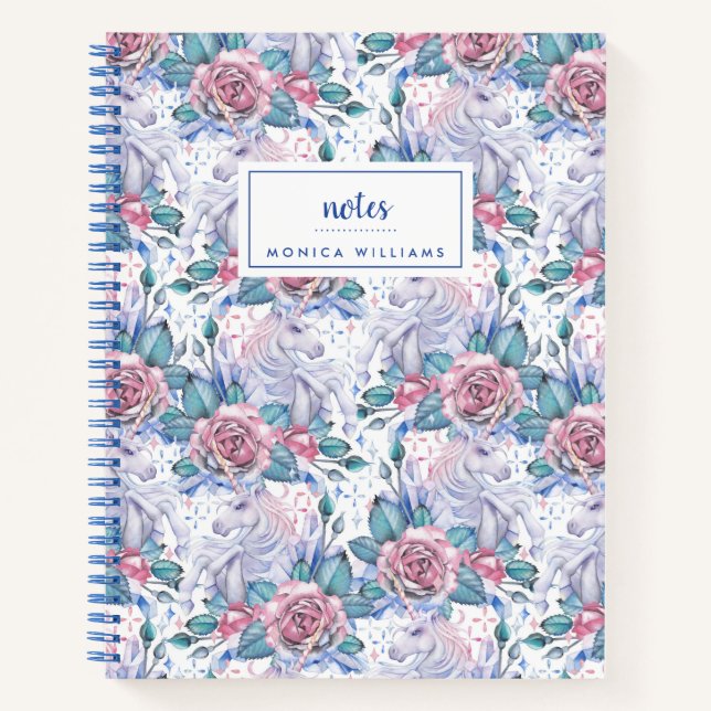 Füge Deinen Namen hinzu | Pink & Blue Rose Muster Notizbuch (Vorderseite)