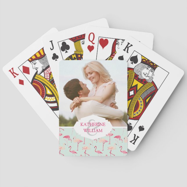 Füge Deinen Namen hinzu | Retro Flamingo Muster Spielkarten (Rückseite)