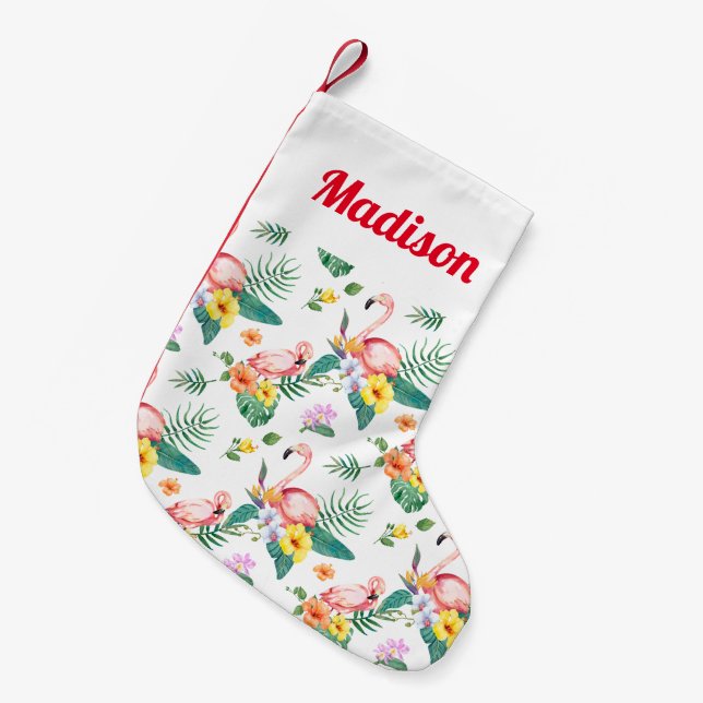 Füge Deinen Namen hinzu | Rosa Flamingo Kleiner Weihnachtsstrumpf (Vorderansicht (hängend))