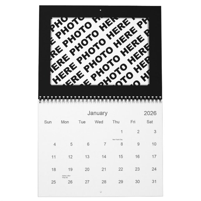 Fügen Sie 34 Fotos in einem Kalender-schwarzen Kalender (Jan 2026)
