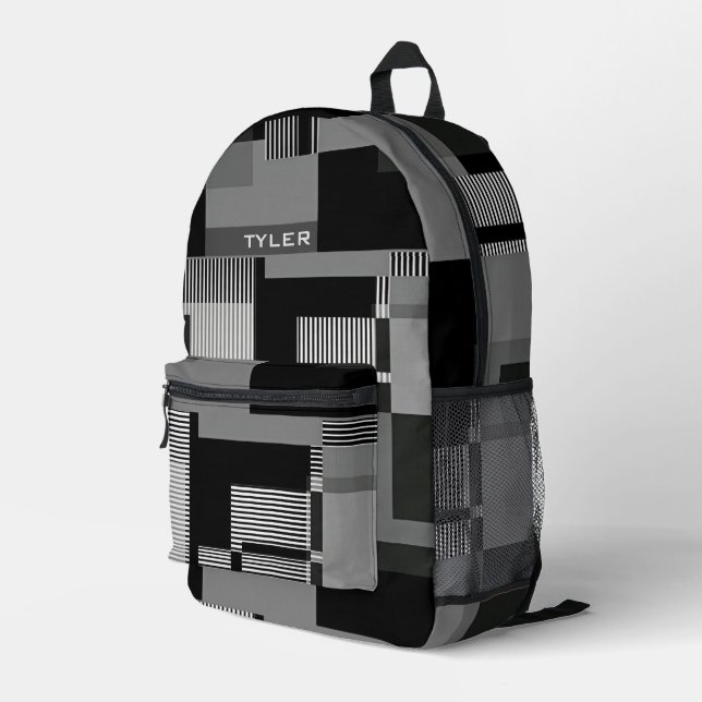 Fügen Sie den Namen Schwarz & Grau Abstrakte moder Bedruckter Rucksack (Rückseitige Ecke Rechts)