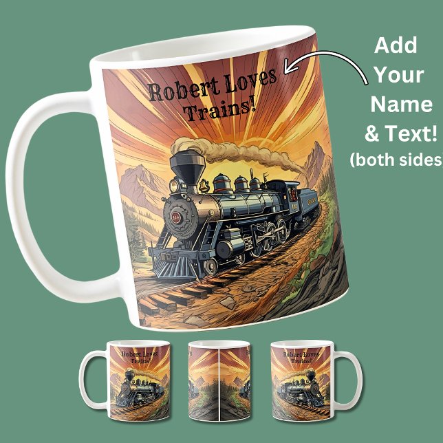 Fügen Sie den Namen Text hinzu, Dampfzug bei Sonne Kaffeetasse (Von Creator hochgeladen)