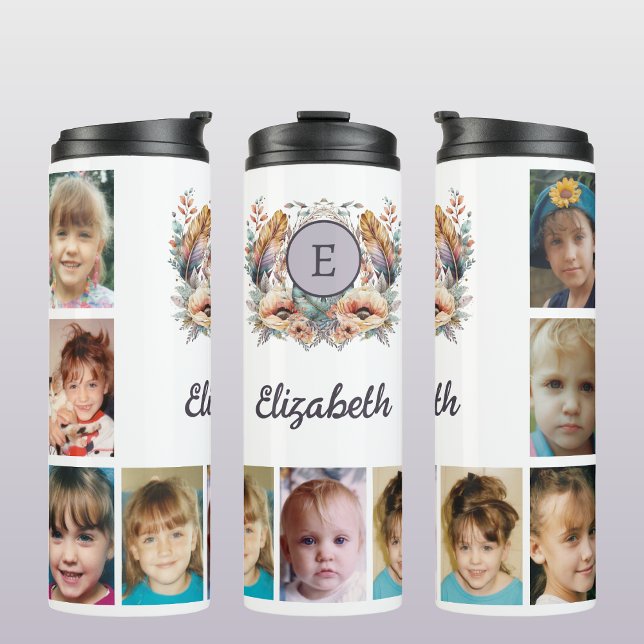 Fügen Sie einen Namen Initialen 9 Foto floral lila Thermosbecher (Von Creator hochgeladen)