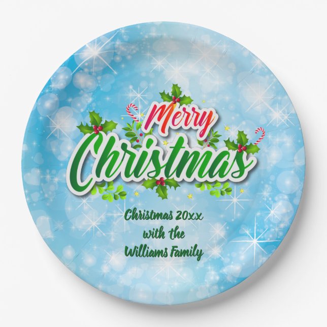 Fügen Sie Familienname Matching Merry Christmas Bl Pappteller (Vorderseite)