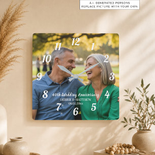 Fügen Sie Ihr eigenes Paar-Foto 40. Hochzeitstag h Quadratische Wanduhr