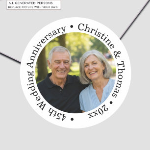 Fügen Sie Ihr eigenes Paar-Foto 45. Hochzeitstag h Runder Aufkleber