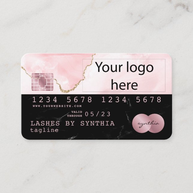 Fügen Sie Ihr Logo Kreditkarte Black Marble Blush  Visitenkarte (Vorderseite)