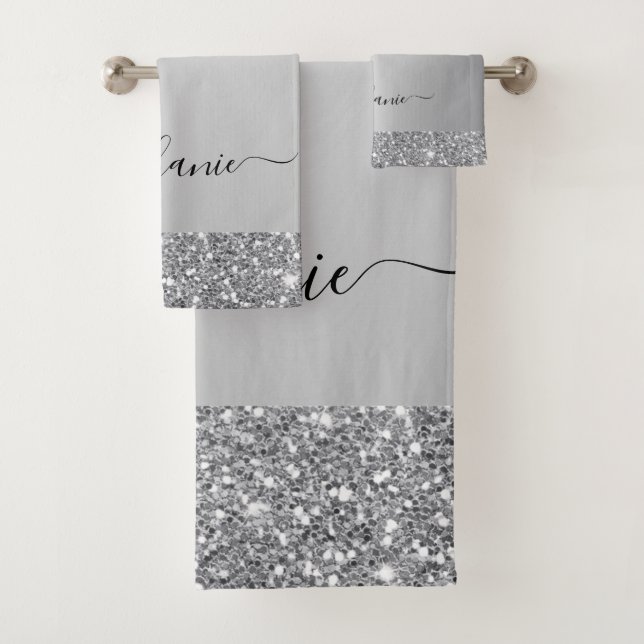 Fügen Sie Ihr Namensskript Silver Glitzer Tropfen  Badhandtuch Set (Insitu)