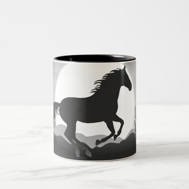 Fügen Sie Ihr Textepferd in Schwarzweiß-Silhouette Zweifarbige Tasse (Mittel)