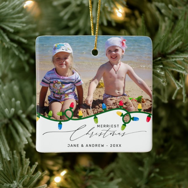 Fügen Sie Ihre eigenen 2 Fotos festliche Lichter C Keramikornament (Baum)