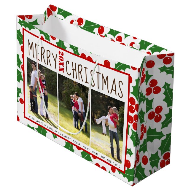 Fügen Sie Ihre Fotos Frohe Weihnachtsberge Große Geschenktüte (Vorderseite Schrägansicht)