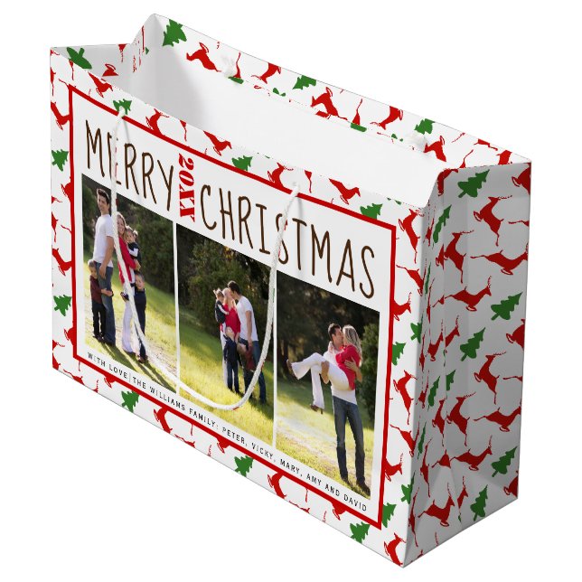 Fügen Sie Ihre Fotos Frohe Weihnachtsrebe und Bäum Große Geschenktüte (Vorderseite Schrägansicht)