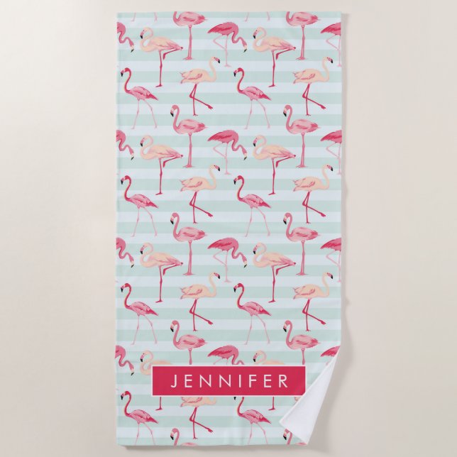Fügen Sie Ihre Namens| Retro Flamingos auf Strandtuch (Vorderseite)