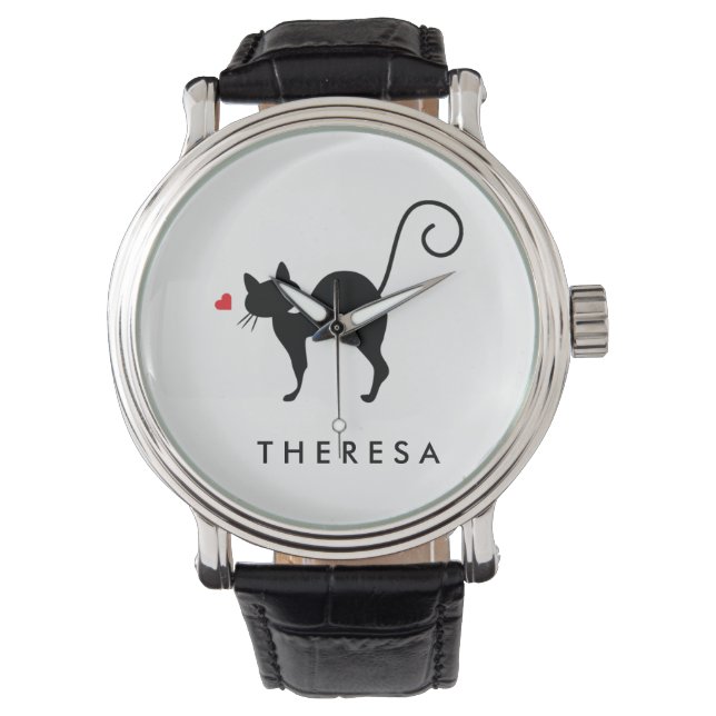Fügen Sie Ihren Namen Cat Silhouette mit Herz hinz Armbanduhr (Vorderseite)