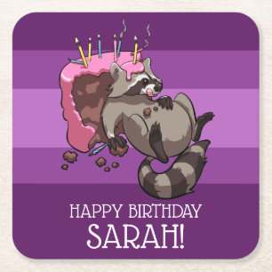 Fügen Sie Ihren Namen Happy Birthday Funny Raccoon Rechteckiger Pappuntersetzer