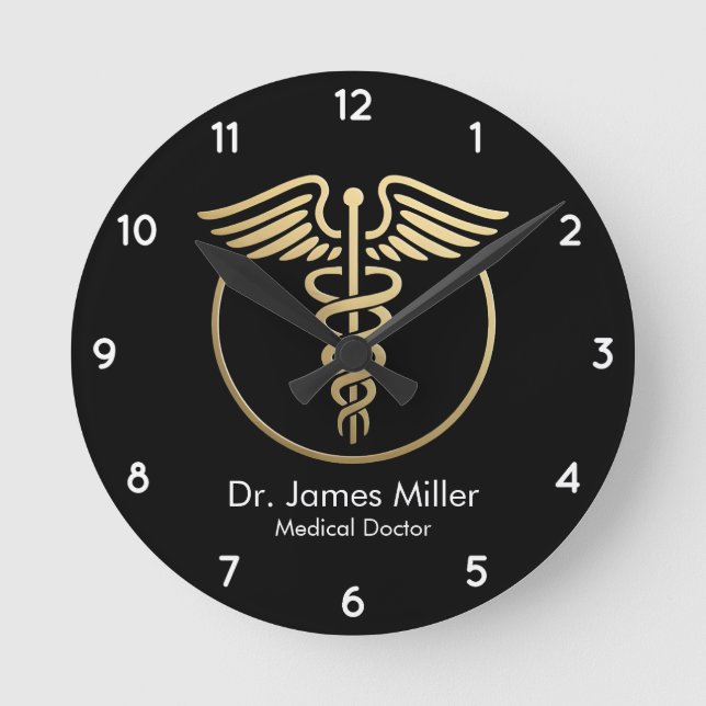 Fügen Sie Ihren Namen Medical Caduceus Symbol Blac Runde Wanduhr (Vorderseite)