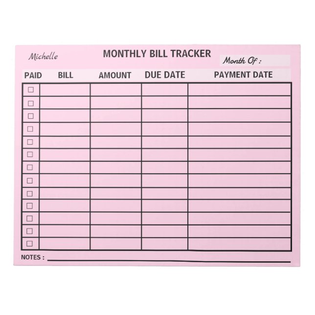 Fügen Sie Ihren Namen monatlich Bill Tracker Perso Notizblock (Vorderseite)