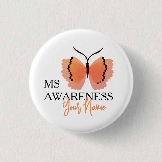 Fügen Sie Ihren Namen Orange Schmetterling Ms Awar Button (Vorderseite)