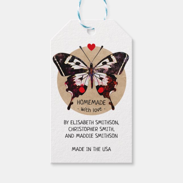 Fügen Sie Ihren Namen Schmetterling & Herz hausgem Geschenkanhänger (Vorderseite)