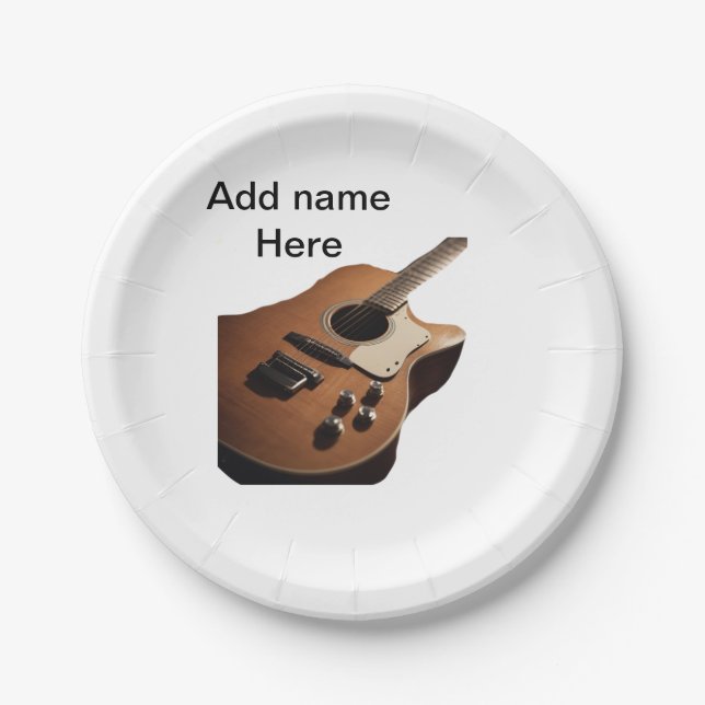 Fügen Sie Ihren Namen Text braun akustische Gitarr Pappteller (Vorderseite)