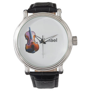 Fügen Sie Ihren Namen Text braun Violine Musik Lie Armbanduhr