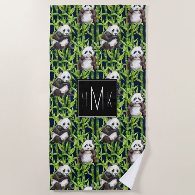 Fügen Sie Ihren Panda des Monogramm-| mit Bambus Strandtuch (Vorderseite)