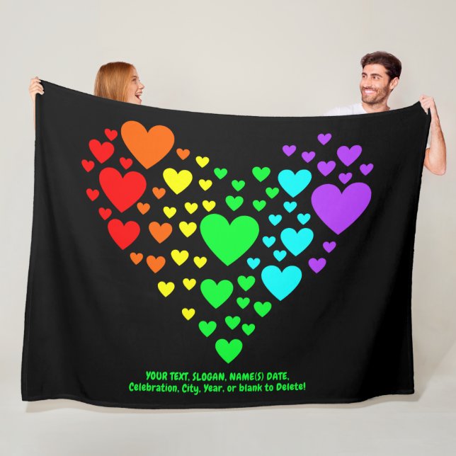Fügen Sie Ihren Text, Regenbogenherz auf schwarz h Fleecedecke (Beispiel)