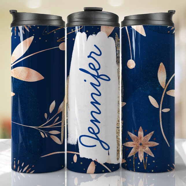 Fügen Sie Individuelle Name Navy Floral Unique Ges Thermosbecher (Floral Tumbler )